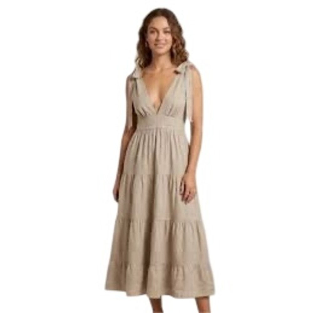 House of Harlow 1960 Maxi Dress Womens Sz M Linen Blend Tiered Tie V Neck Beige